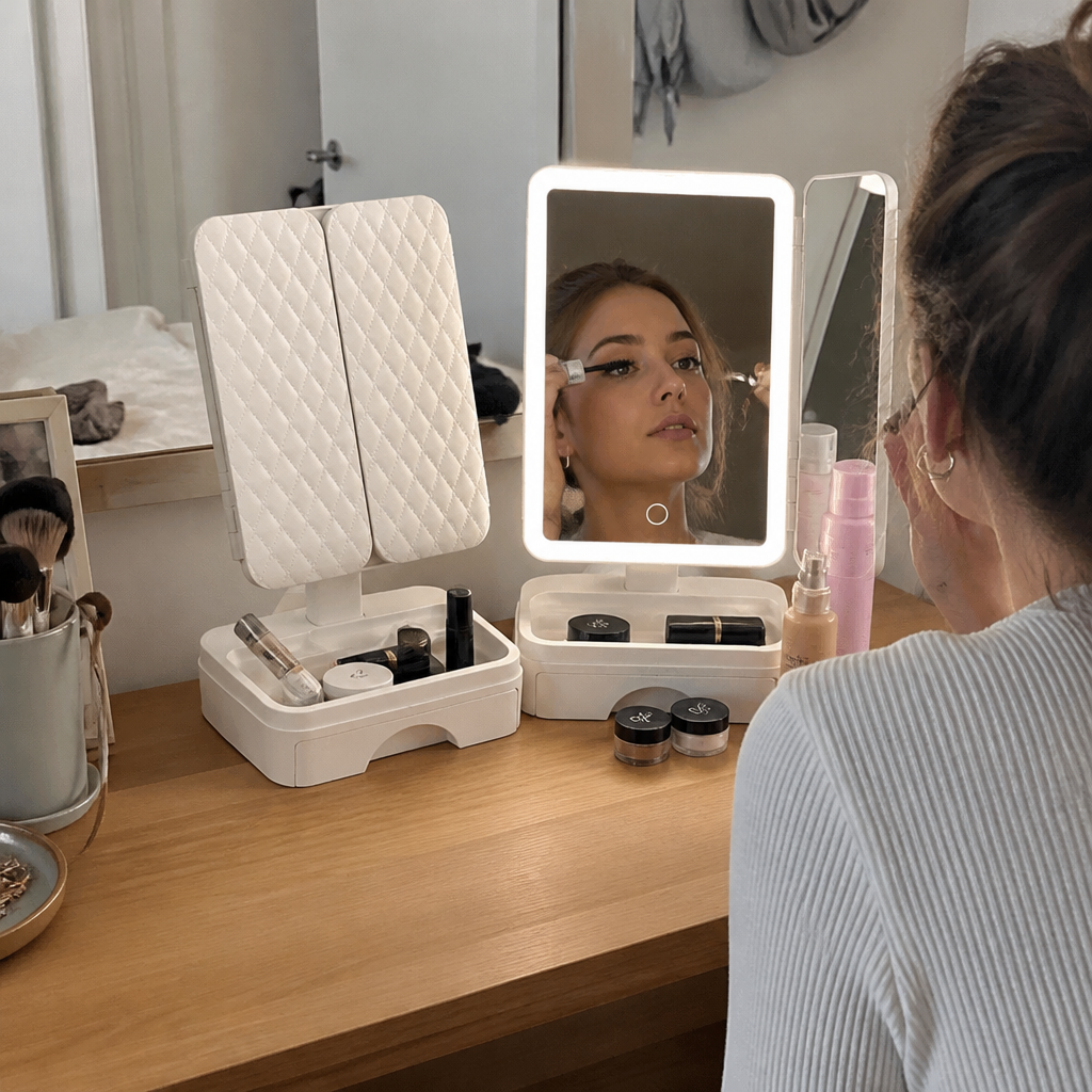 Espejo de maquillaje con luz LED y cajón NATURIA, imagen 5