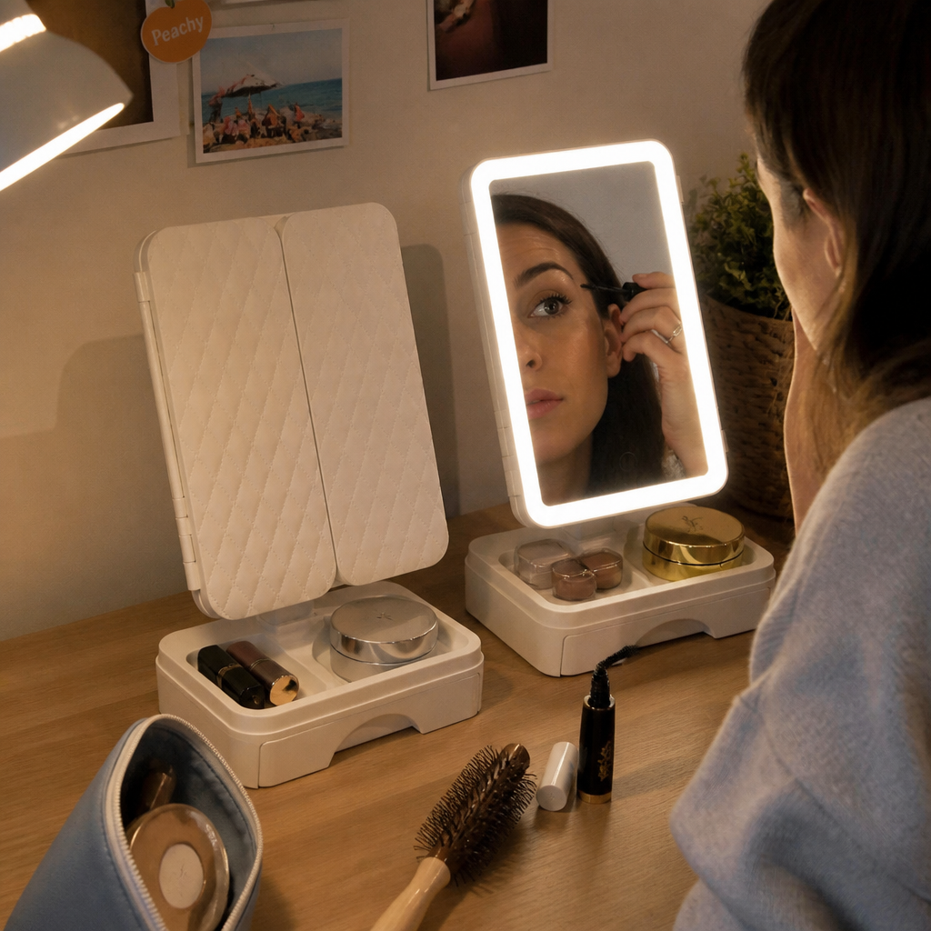Espejo de maquillaje con luz LED y cajón NATURIA, imagen 3